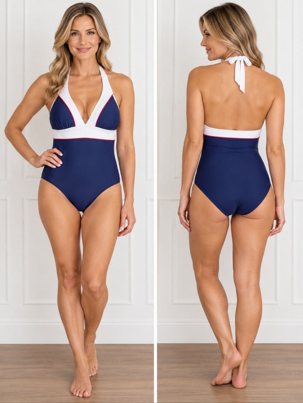 Venus Navy Blue One-Piece Nautical Swimsuit – White & Red Trim NWOT Size 6